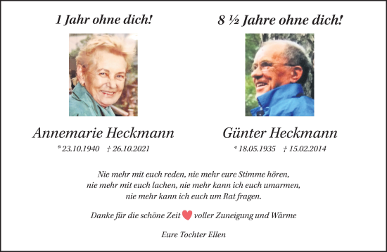 Traueranzeige von Annemarie und Günter Heckmann 