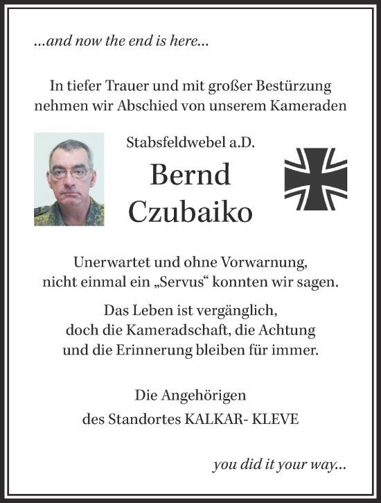 Traueranzeige von Bernd Czubaiko 