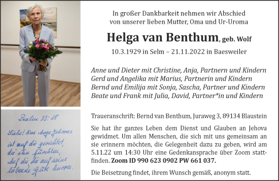 Traueranzeige von Helga van Benthum 