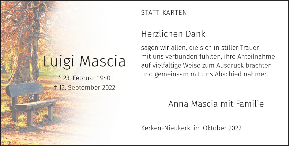  Traueranzeige für Luigi Mascia vom 22.10.2022 aus 