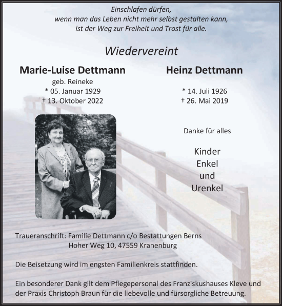 Traueranzeige von Marie-Luise und Heinz Dettmann 