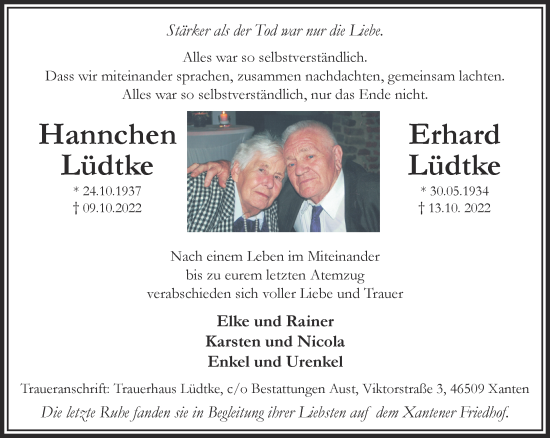 Traueranzeige von Hannchen und Erhard Lüdtke 