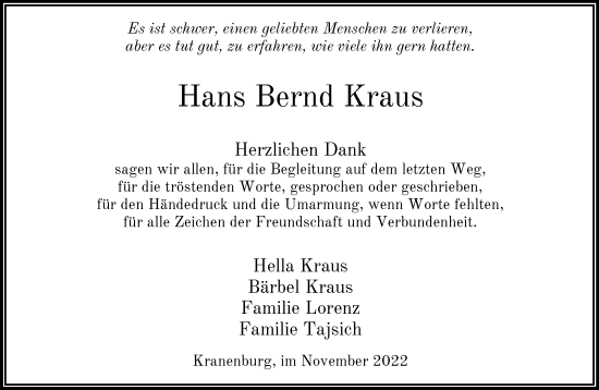 Traueranzeige von Hans Bernd Kraus 