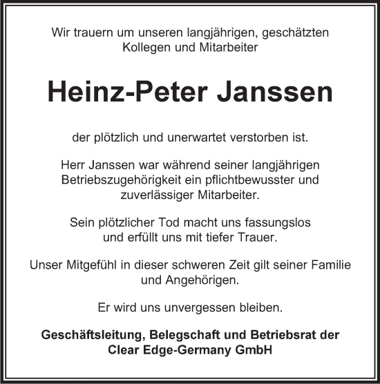 Traueranzeige von Heinz-Peter Janssen 