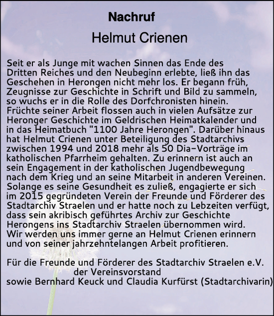 Traueranzeige von Helmut Crienen 