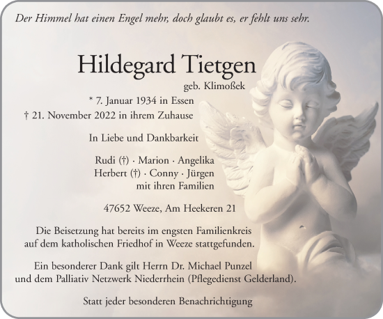 Traueranzeige von Hildegard Tietgen 