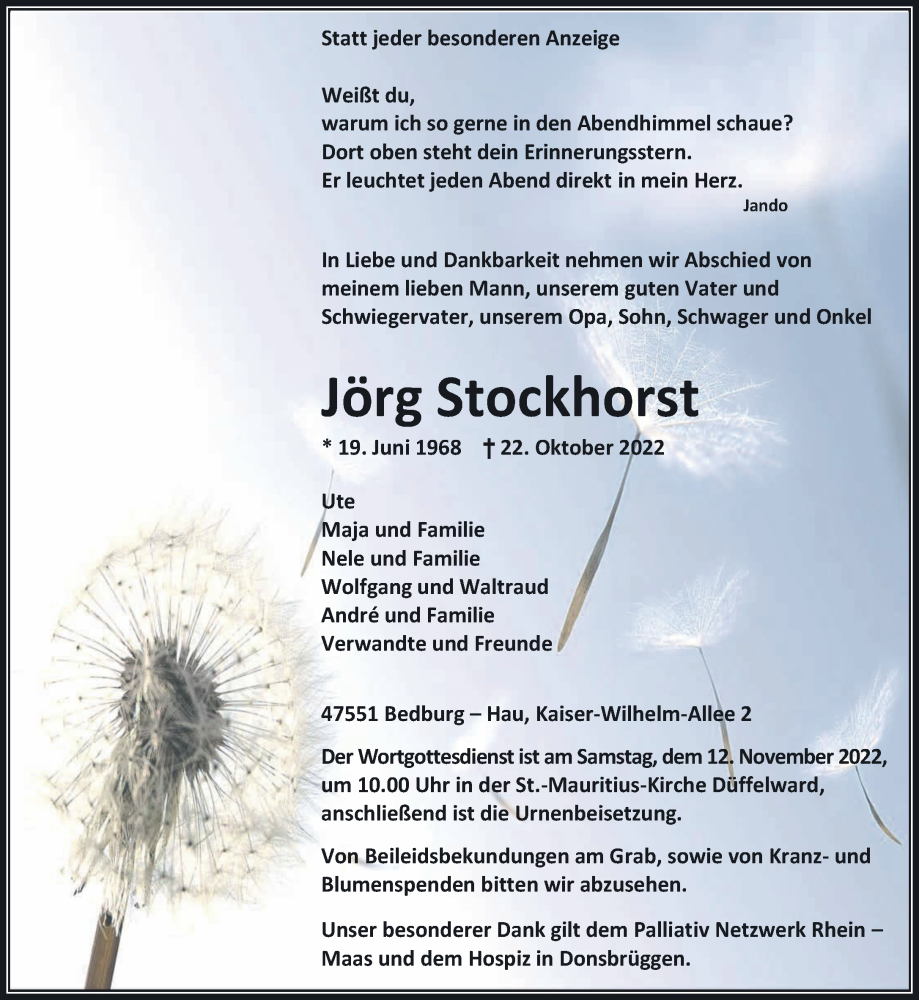  Traueranzeige für Jörg Stockhorst vom 05.11.2022 aus 