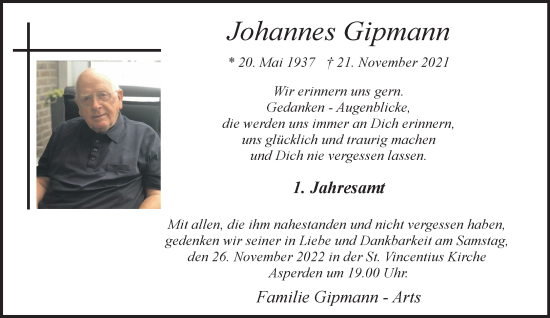 Traueranzeige von Johannes Gipmann 