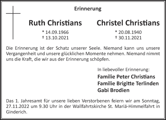 Traueranzeige von Ruth und Christel Christians 