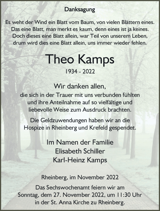 Traueranzeige von Theo Kamps 