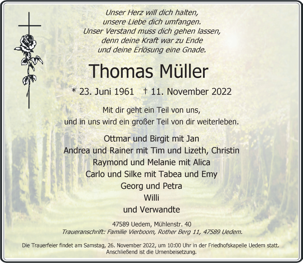  Traueranzeige für Thomas Müller vom 19.11.2022 aus 