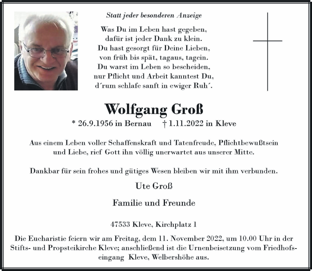  Traueranzeige für Wolfgang Groß vom 05.11.2022 aus 