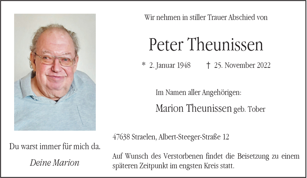  Traueranzeige für Peter Theunissen vom 07.12.2022 aus 