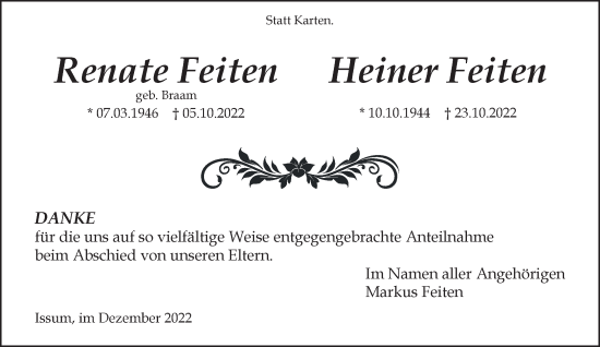 Traueranzeige von Renate und Heiner Feiten 