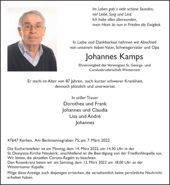 Traueranzeige von Johannes Kamps 