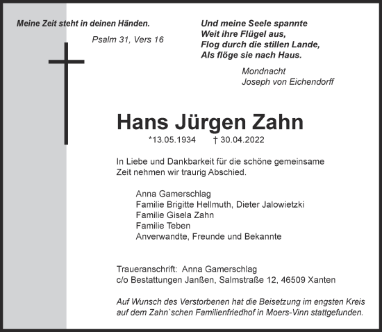 Traueranzeige von Hans Jürgen Zahn 