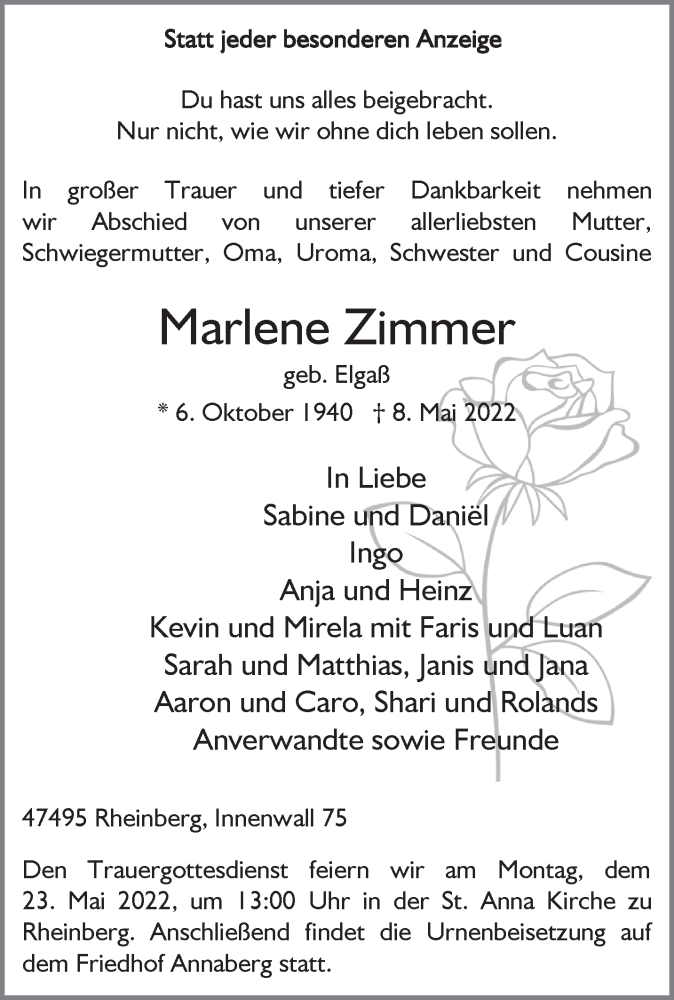  Traueranzeige für Marlene Zimmer vom 18.05.2022 aus 