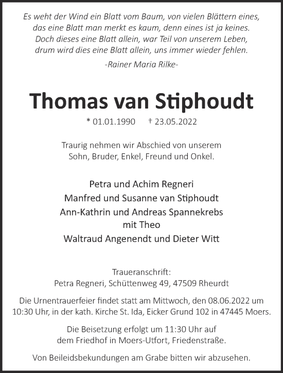 Traueranzeige von Thomas van Stiphoudt 