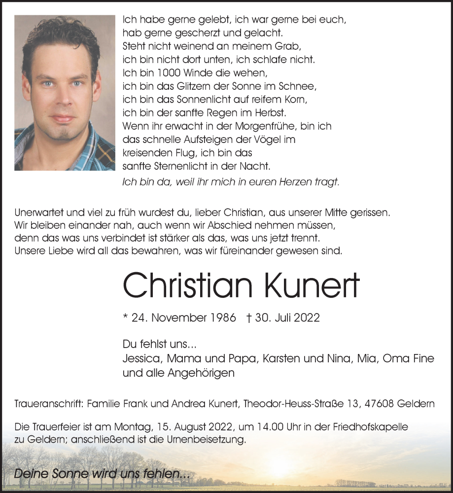  Traueranzeige für Christian Kunert vom 13.08.2022 aus 