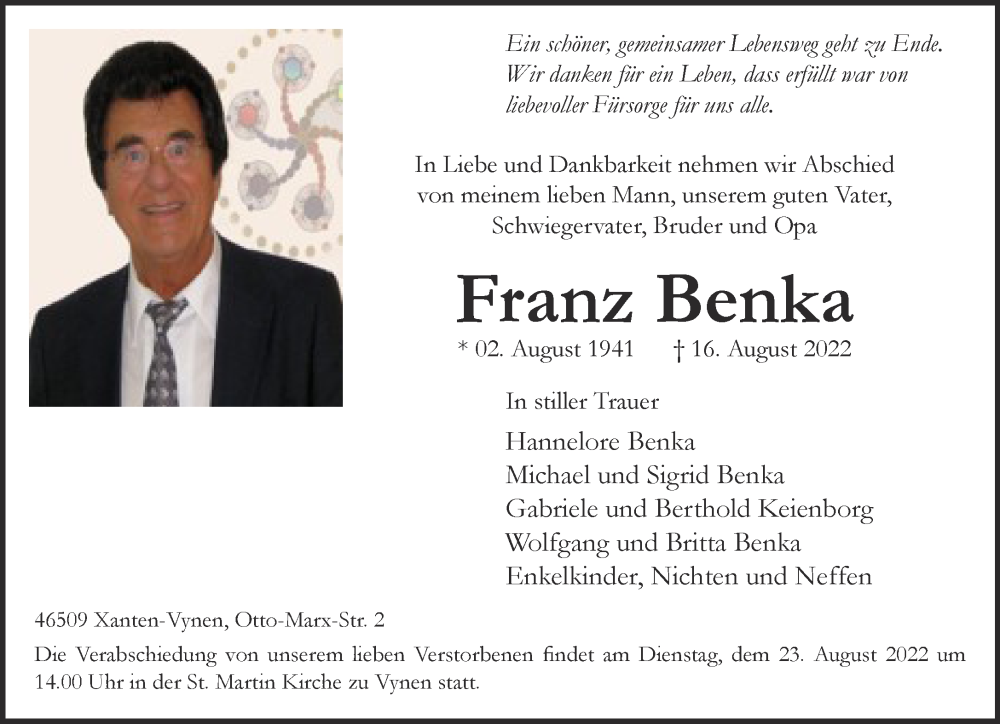  Traueranzeige für Franz Benka vom 20.08.2022 aus 