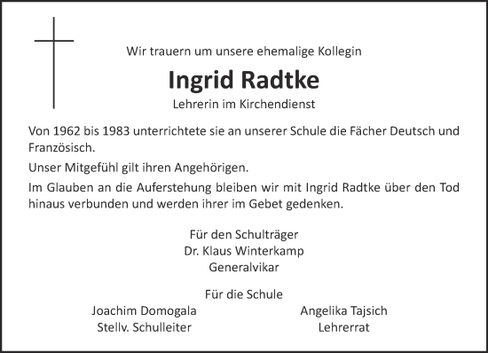 Traueranzeige von Ingrid Radtke 