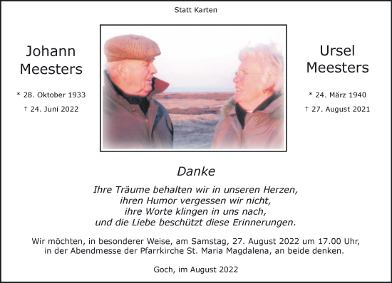 Traueranzeige von Johann und Ursel Meesters 