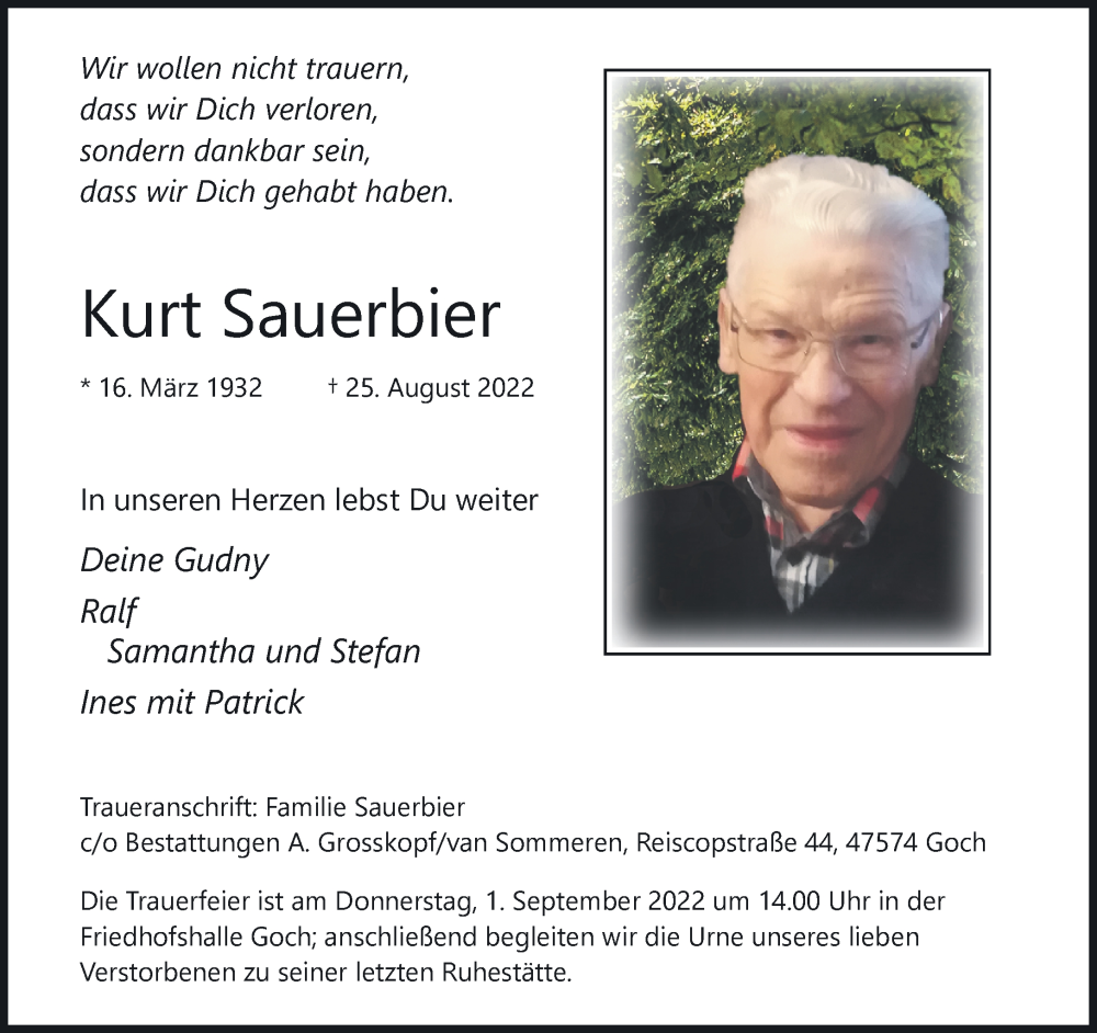 Traueranzeigen Von Kurt Sauerbier | Niederrhein Nachrichten Trauerportal