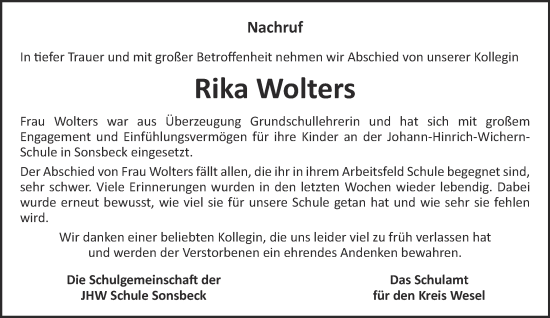 Traueranzeige von Rika Wolters 