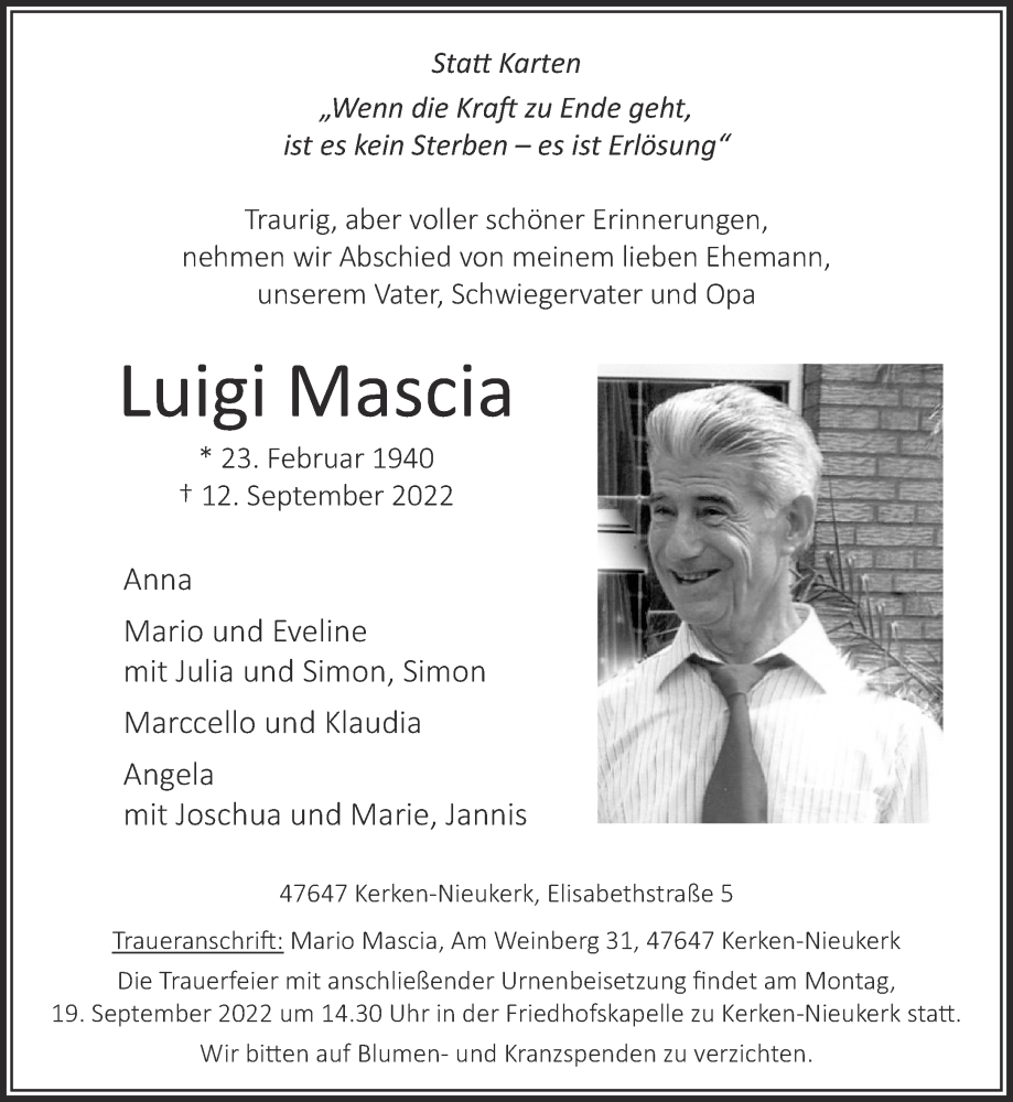  Traueranzeige für Luigi Mascia vom 17.09.2022 aus 