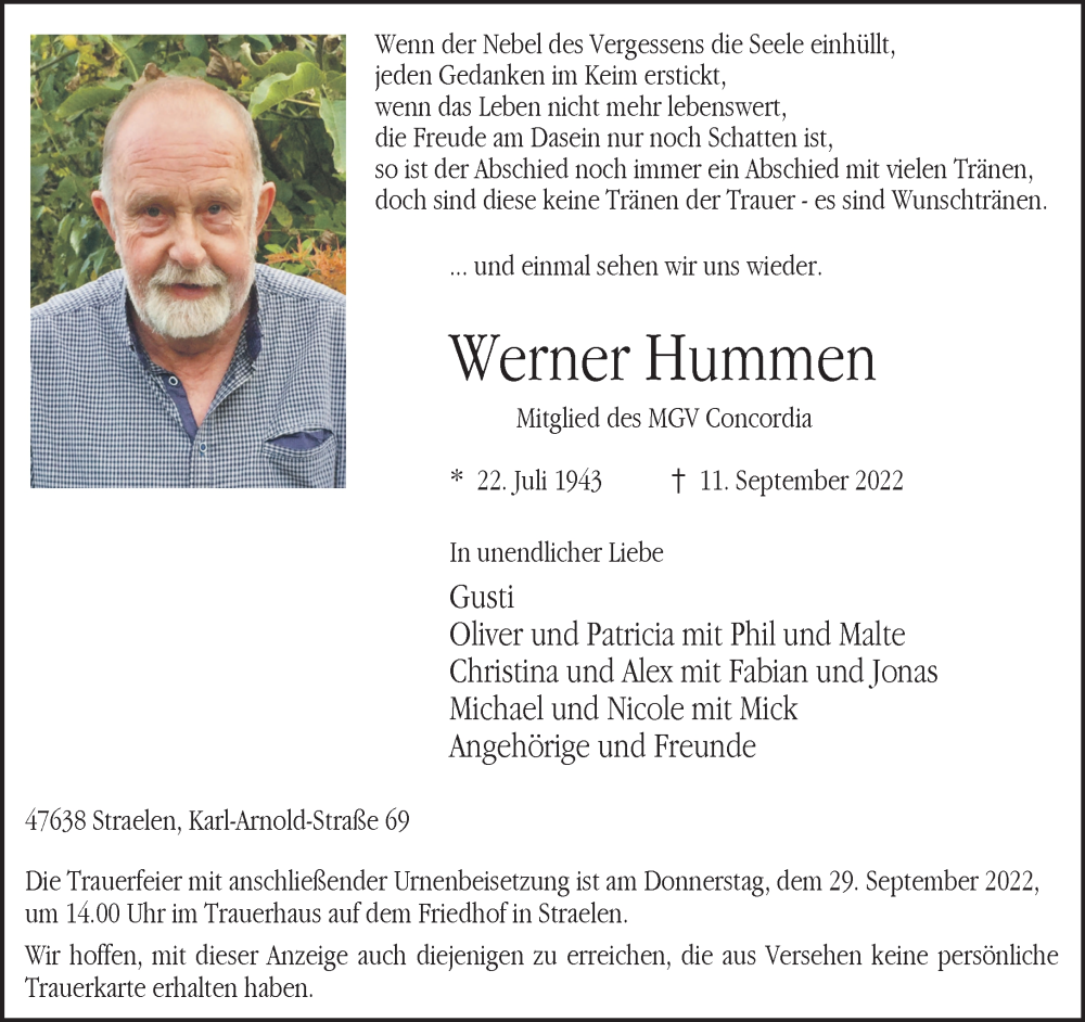  Traueranzeige für Werner Hummen vom 24.09.2022 aus 