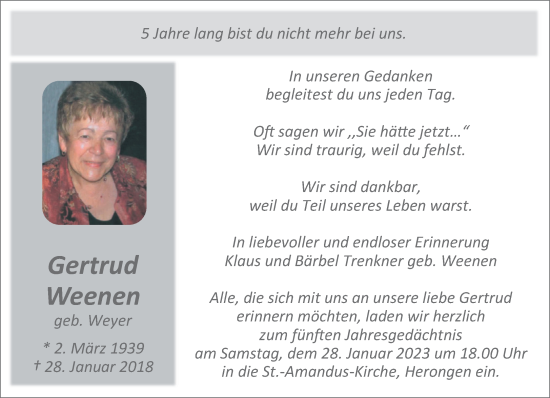 Traueranzeige von Gertrud Weenen 