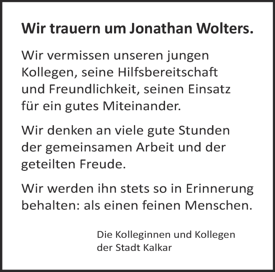 Traueranzeige von Jonathan Wolters 