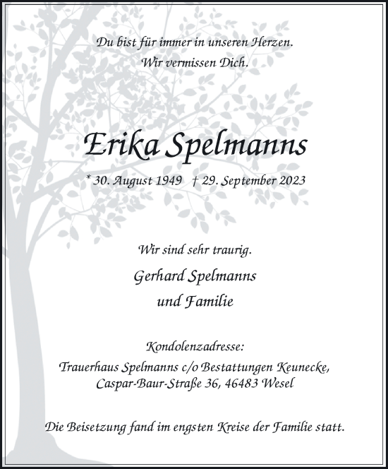 Traueranzeige von Erika Spelmanns von NNA