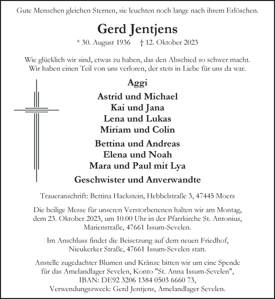 Traueranzeige von Gerd Jentjens von NNA