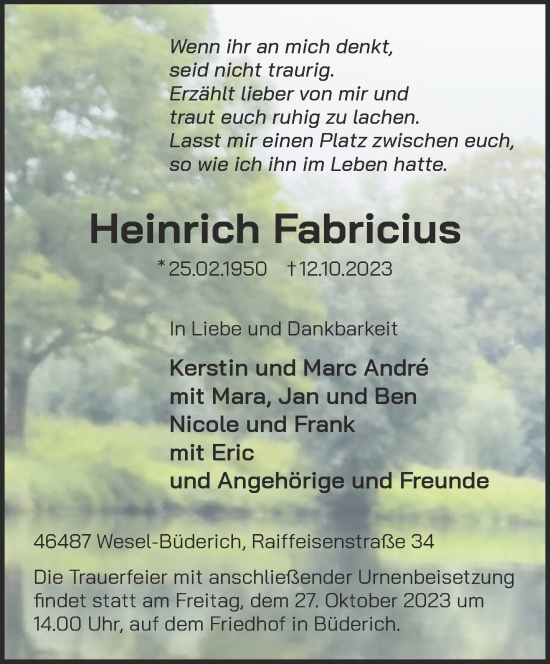 Traueranzeige von Heinrich Fabricius von NNA