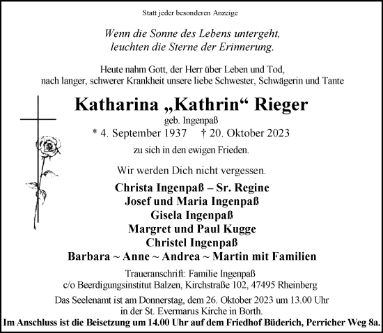 Traueranzeige von Katharina  Rieger von NNA