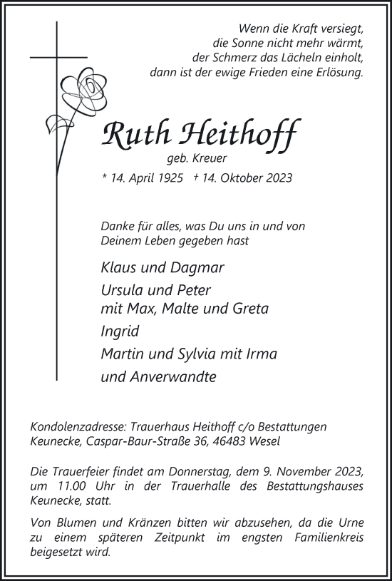 Traueranzeige von Ruth Heithoff von NNA