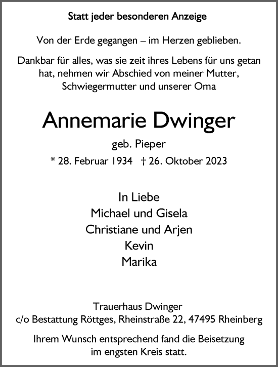 Traueranzeige von Annemarie Dwinger von NNA