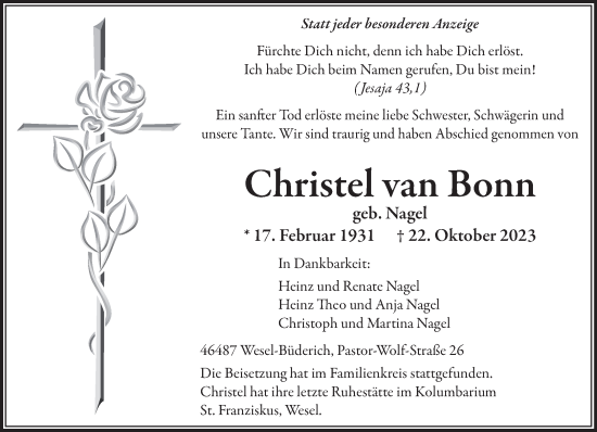 Traueranzeige von Christel van Bonn von NNA