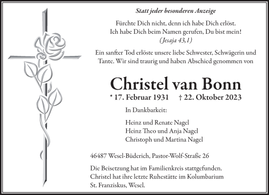 Traueranzeige von Christel van Bonn von NNA