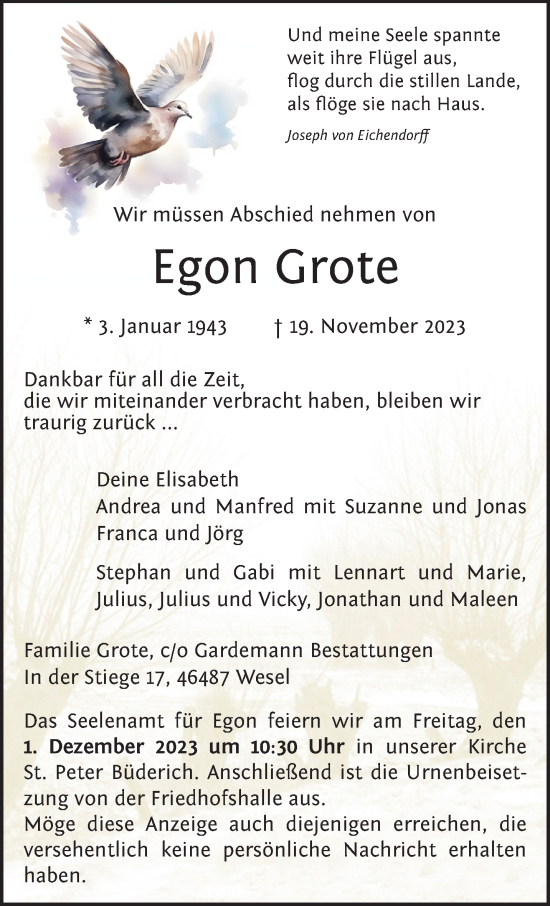 Traueranzeige von Egon Grote von NNA