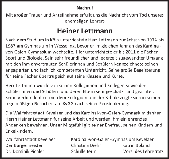 Traueranzeige von Heiner Lettmann von NNA