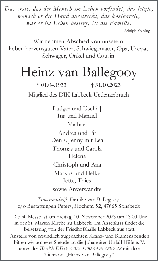 Traueranzeige von Heinz van Ballegooy von NNA