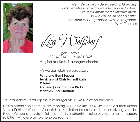 Traueranzeige von Lisa Wolfsdorf von NNA