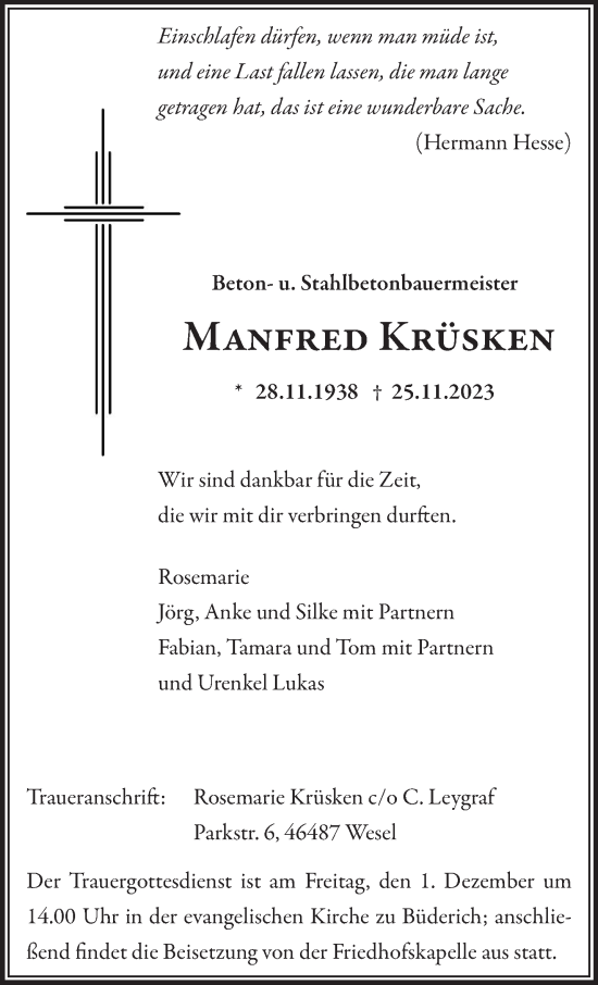 Traueranzeige von Manfred Krüsken von NNA