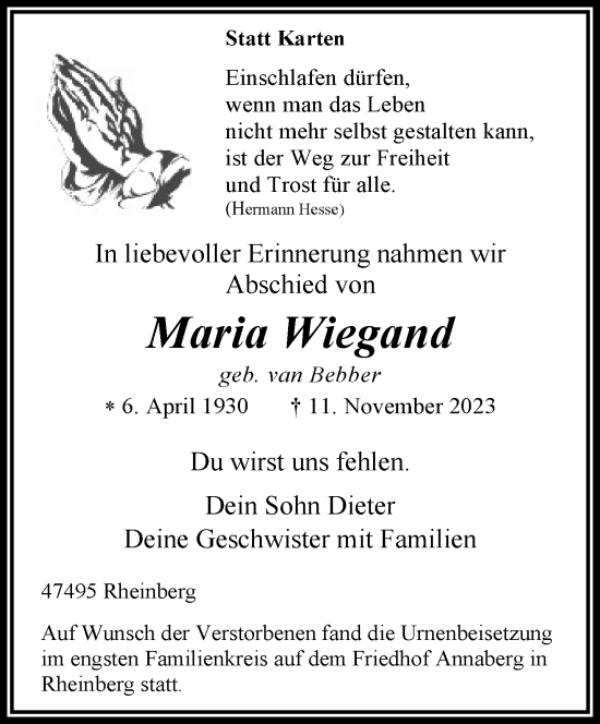 Traueranzeige von Maria Wiegand von NNA