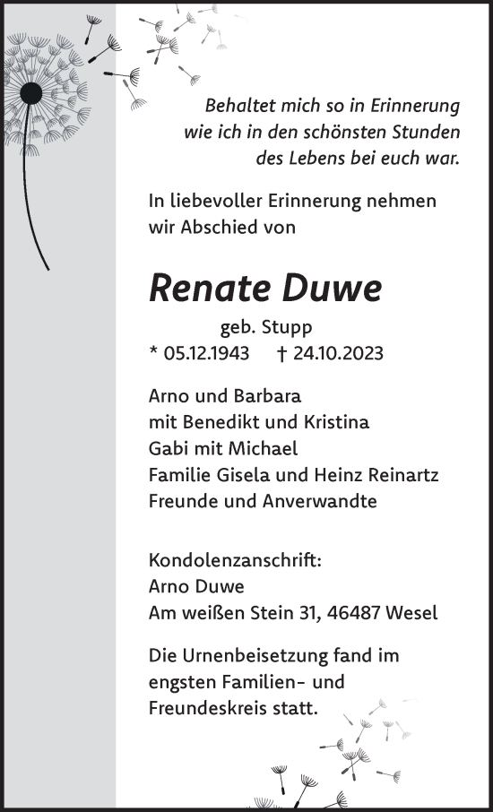 Traueranzeige von Renate Duwe von NNA