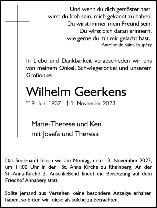 Traueranzeige von Wilhelm Geerkens von NNA