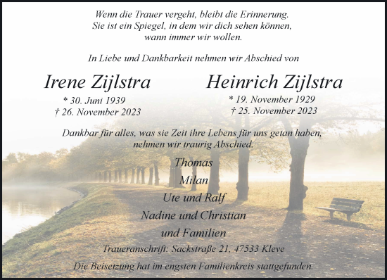 Traueranzeige von Irene und Heinrich Zijlstra von NNA