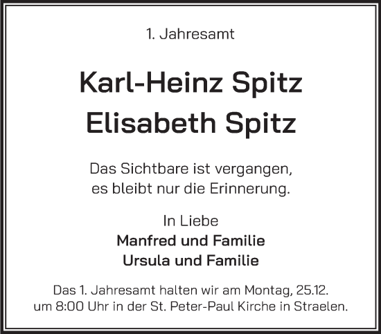 Traueranzeige von Karl-Heinz und Elisabeth Spitz von NNA